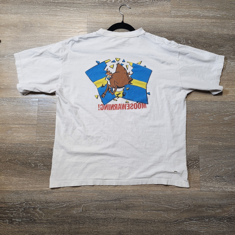 Vintage 90s Made In Sweden Disyressed MooseWarning White Graphic Tee - Picture 2 of 9